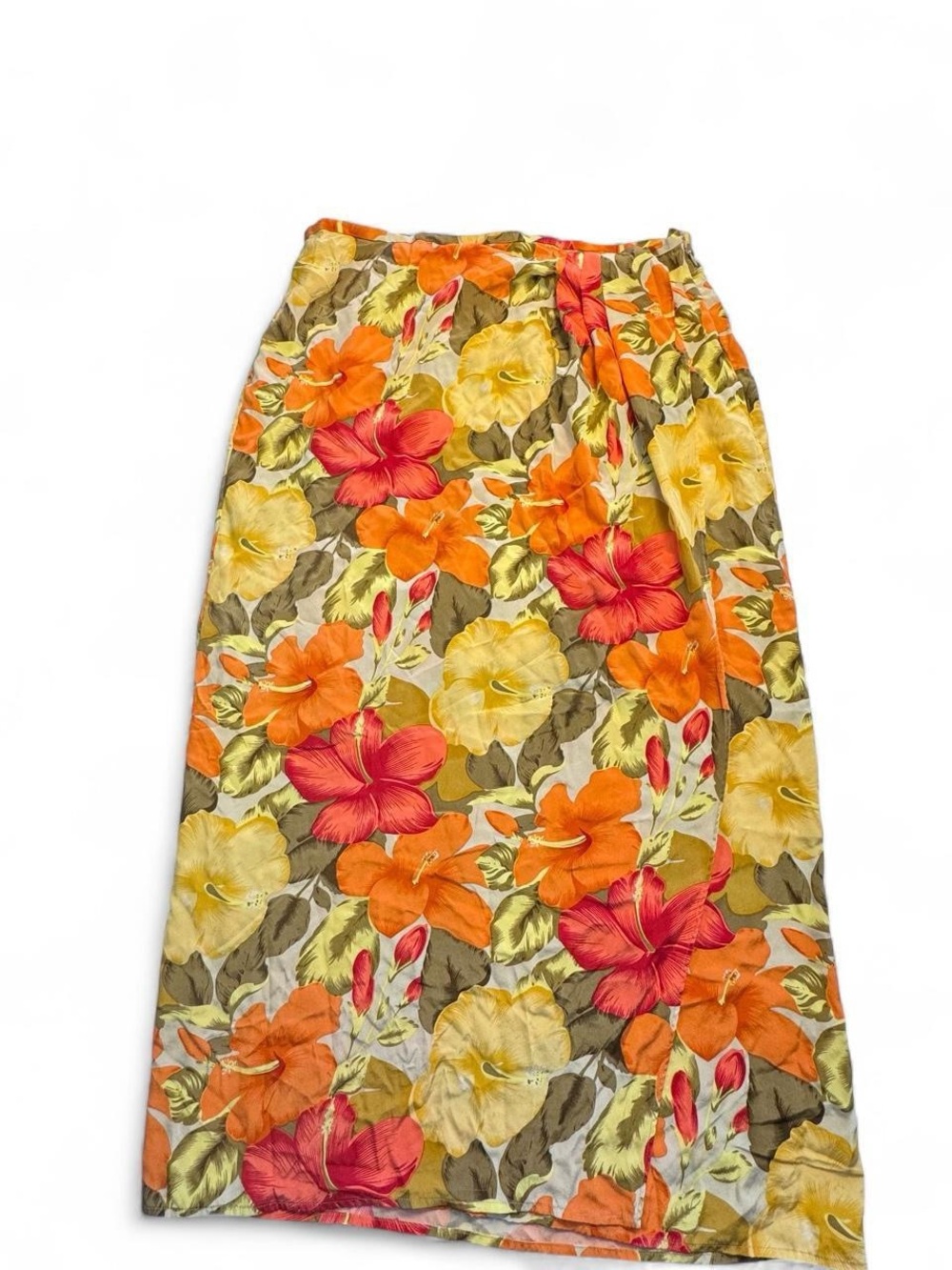 Vintage Kasper 100% Silk Tropical Hibiscus Floral Wrap Maxi Skirt Size 14 Boho